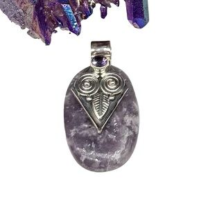 Lepidolite & Amethyst Owl Necklace Pendant Solid 925 Sterling Silver